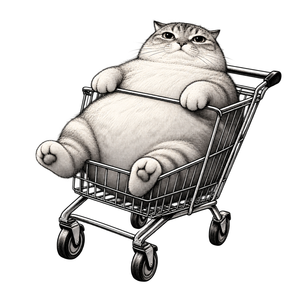 Fat Cat riding in a shopping cart, still unmoved