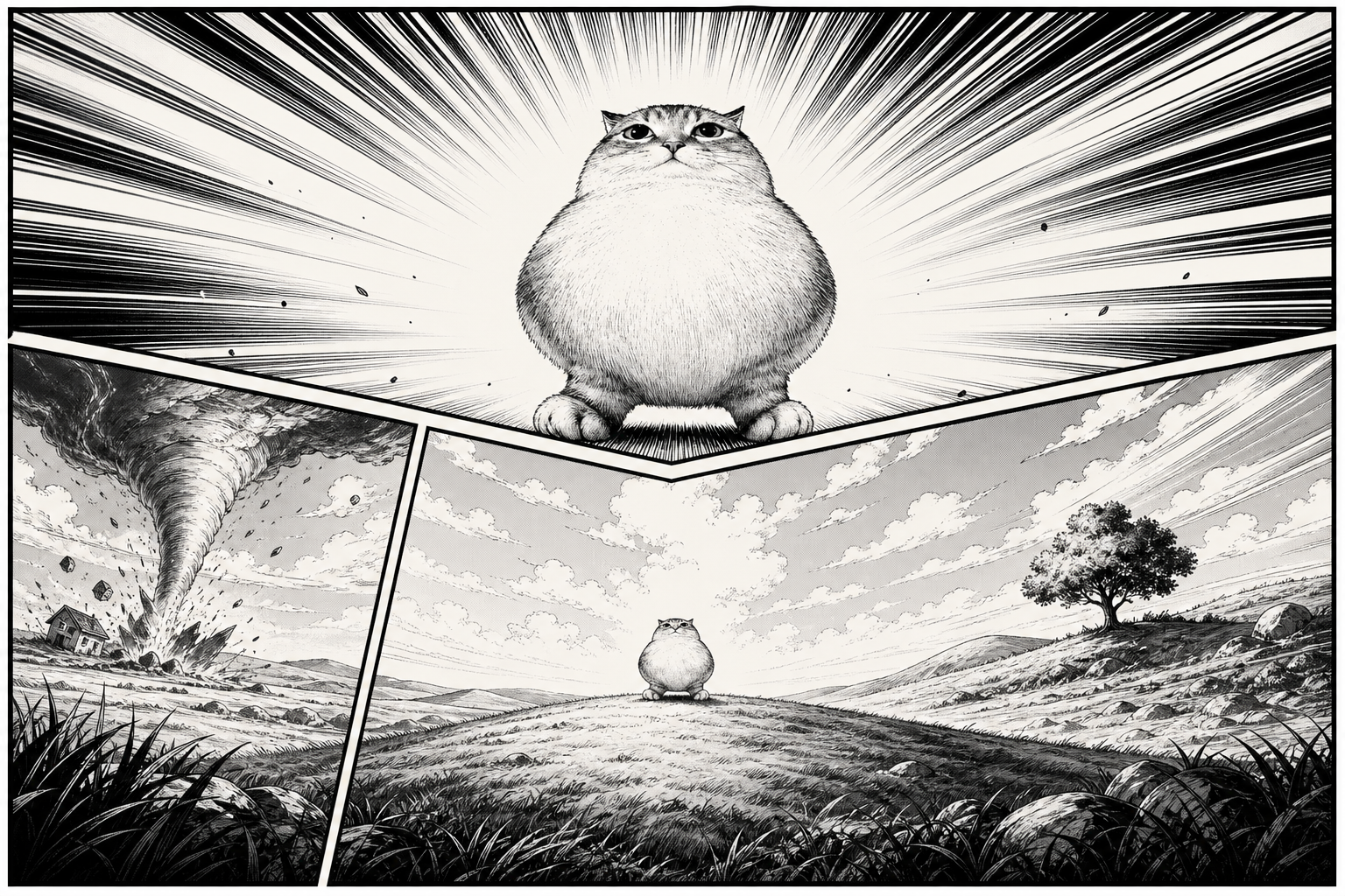 Manga panel of Fat Cat radiating speed lines above a tornado scene and an open field